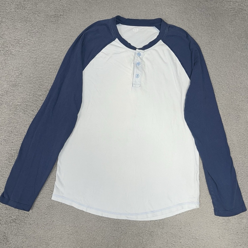 VTG Gap Shirt Men's Size M White Blue Raglan Henley Long Sleeve Baseball Tee Y2K